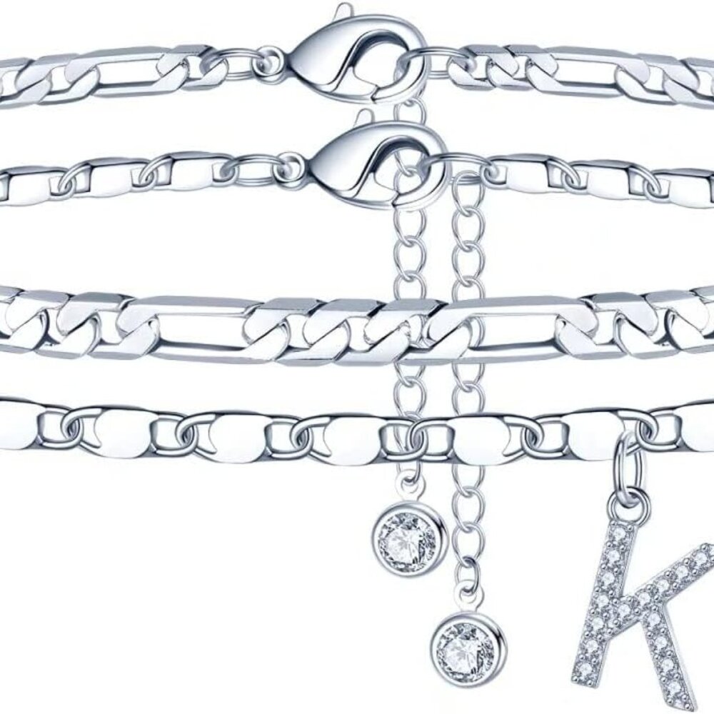 Ankle Bracelets for Women, 14K Gold Plated Dainty Layered Chain CZ Initial Ankle